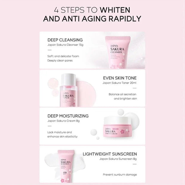 4pcs/Bag Sakura Skin Care Sets Facial Cleanser Face Face Toner Sunscreen Moisturizing Smoothing Nourishing Skincare Product - My Store