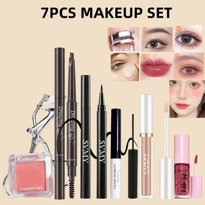 7 PCS Makeup Set Include Blush Concealer Eyebrow Pencil Eye Liner Mascara Lip Gloss Eyelash Curler Korean Women Cosmetics Kit - My Store